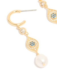 Gold Plated Cubic Zirconia Evil Eye Pearl Drop Earrings - link has visual effect only