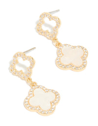 Elegant gold plated floral earrings with cubic zirconia and pink inlay detail front view - link has visual effect only
