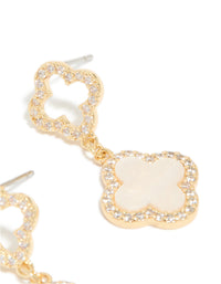 Highlighting the gold plated floral earrings with cubic zirconia in pink inlay post detail view - link has visual effect only