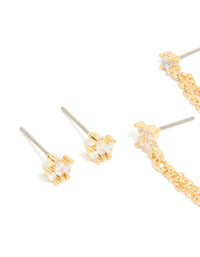 Gold Plated Cubic Zirconia Double Chain & Stud Stacker Earrings 3-Pack - link has visual effect only