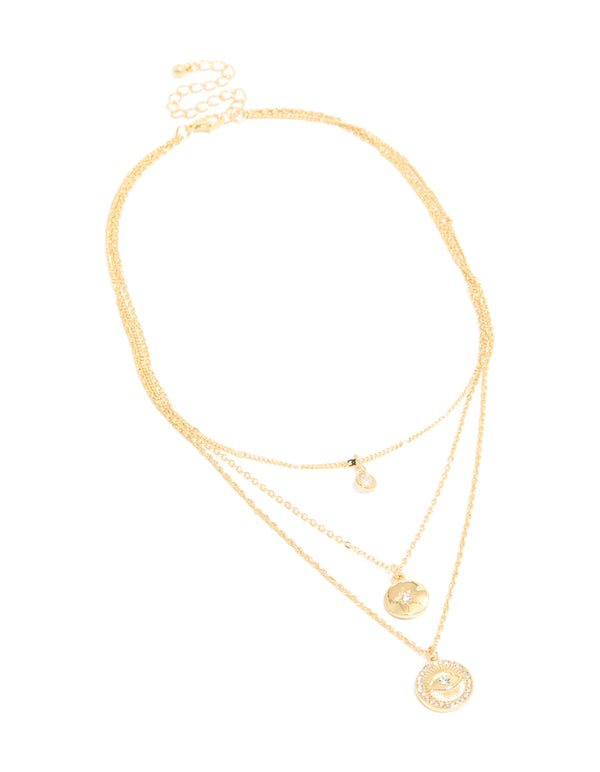 Gold Plated Cubic Zirconia Evil Eye & Circle Layered Necklace