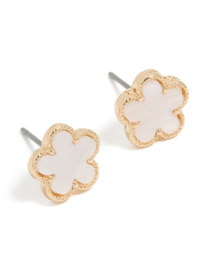 Gold White Acrylic Flower Stud Earrings