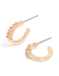 Gold Pink Diamante Row Huggie Earrings - link has visual effect only