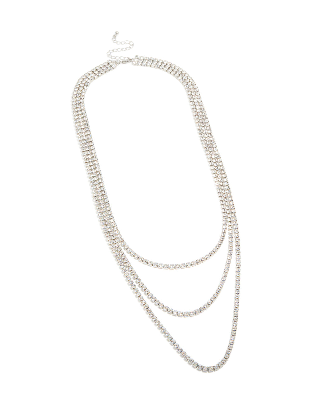 Featuring a diamante tennis triple layered necklace in silver front view