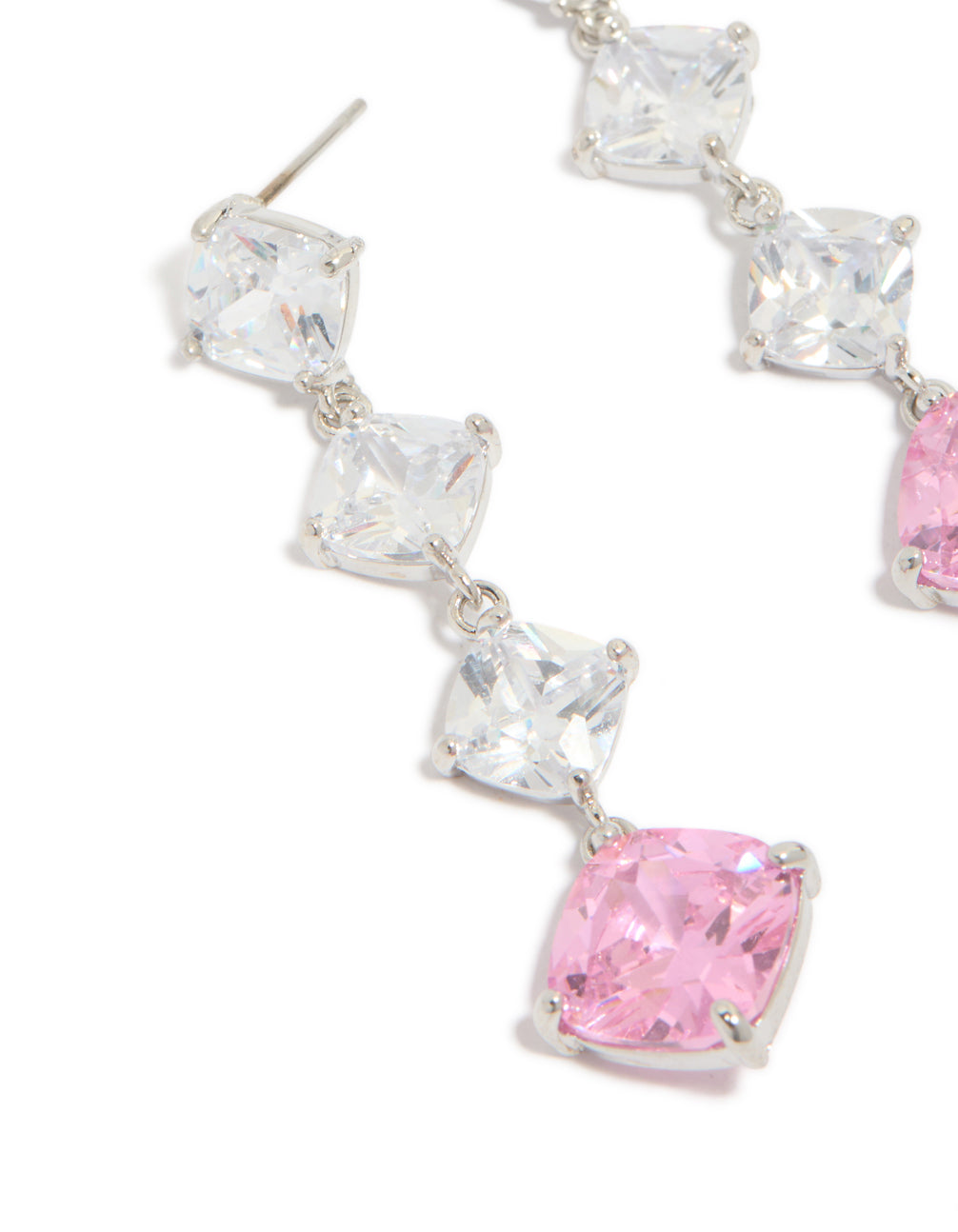 Silver Pink Cubic Zirconia Rhombus Drop Earrings