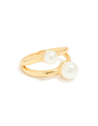Showcasing waterproof gold plated stainless steel pearls split band ring front view - link has visual effect only