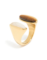 Waterproof Gold Plated Stainless Steel Open Double Stone Ring - link has visual effect only