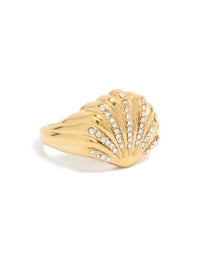 Featuring a waterproof gold plated stainless steel shell large ring with ocean-inspired in chunky style and white accents side detail view - link has visual effect only
