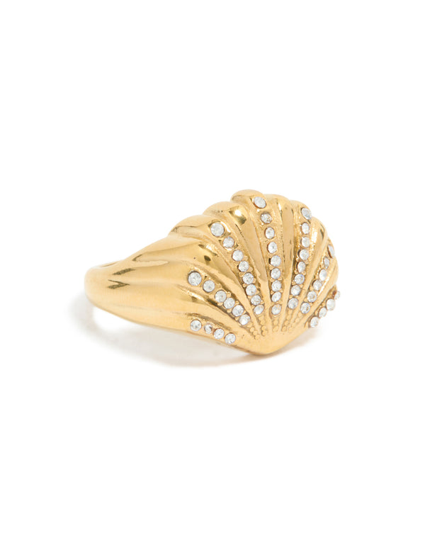 Featuring a waterproof gold plated stainless steel shell large ring with ocean-inspired in chunky style and white accents side detail view