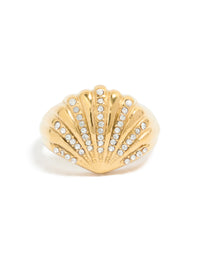 Introducing a waterproof gold plated stainless steel shell large ring with ocean-inspired in chunky style and white accents front view - link has visual effect only