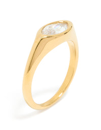 Crafted from waterproof gold plated stainless steel, this signet ring features cubic zirconia in statement style side detail view - link has visual effect only