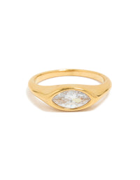 Beautifully designed waterproof gold plated stainless steel signet ring with cubic zirconia in statement style front view - link has visual effect only