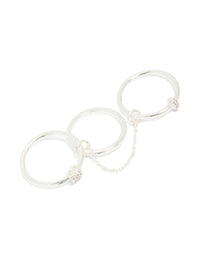 Silver Plated Cubic Zirconia Loop Linked Stacking Ring Set - link has visual effect only