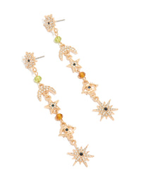 Stunning statement gold beaded and diamante celestial drop earrings featuring charm details with evil-eye accents front view - link has visual effect only