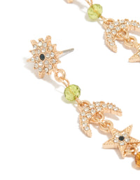 Beautifully crafted statement gold beaded and diamante celestial drop earrings with charm accents and evil-eye motifs close up view - link has visual effect only