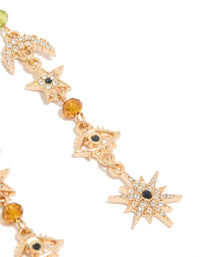 Designed with statement gold beaded and diamante celestial drop earrings featuring charm details and evil-eye elements post detail view - link has visual effect only