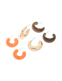 Gold Orange Acrylic & Wood Hoop Earrings 3-Pack - link has visual effect only
