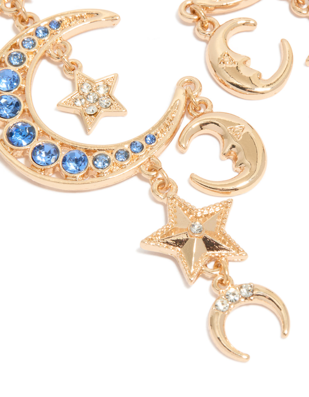 Gold Blue Diamante Celestial Moon & Star Drop Earrings