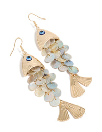Crafted from gold, these evil eye fish drop earrings feature animal and ocean inspired charms in a statement style front view - link has visual effect only