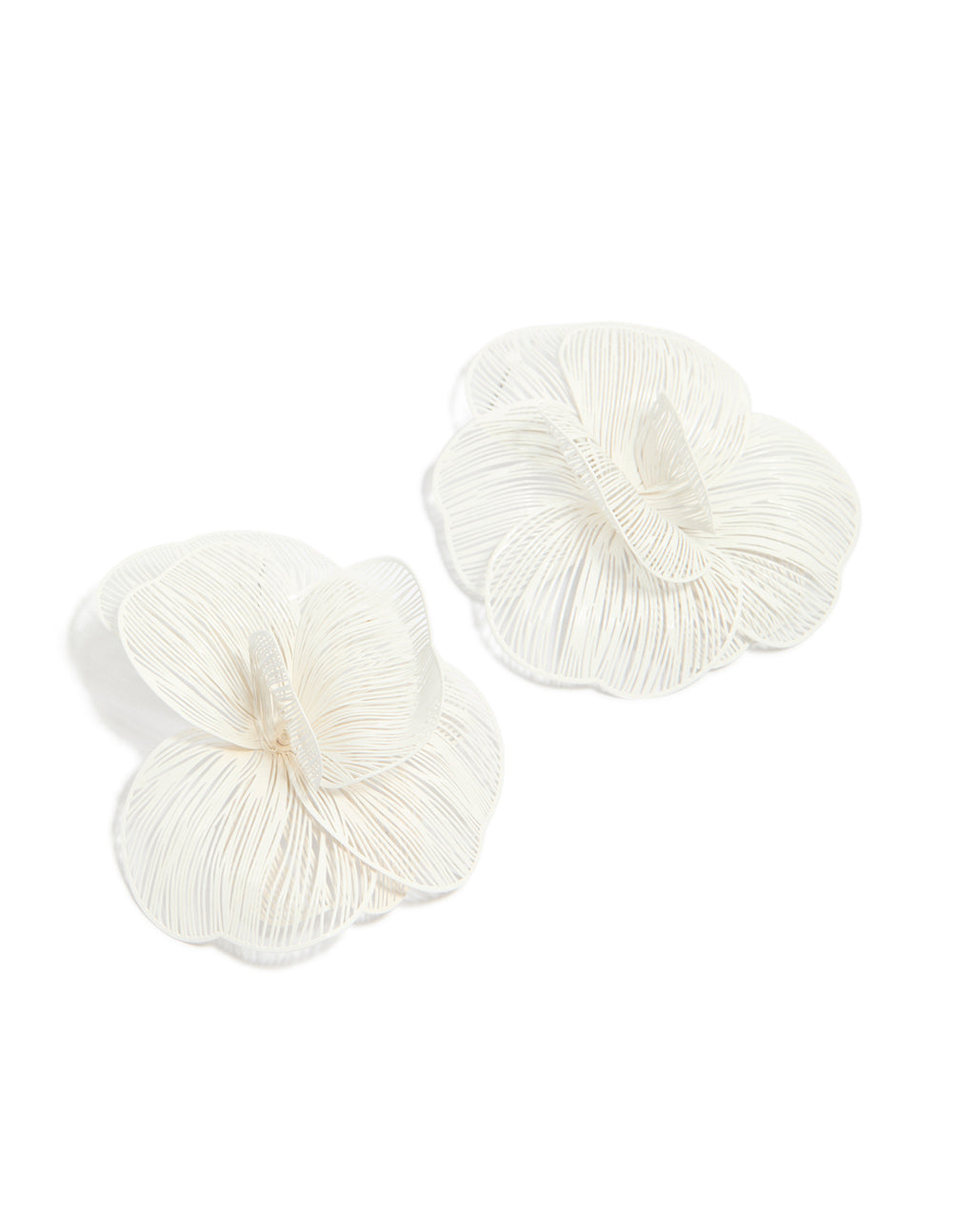 Elegant white coated metal full flower stud earrings with floral pattern in ivory front view