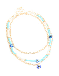 Gold Blue  Beaded Evil Eye Triple Layered Necklace - link has visual effect only