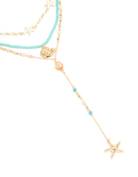 Gold Blue Beaded Shell & Starfish Layered Y-Necklace - link has visual effect only