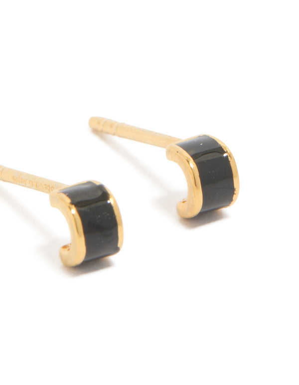 Gold Plated Sterling Silver Tiny Black Enamel Stud Earrings