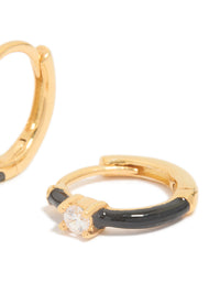 Gold Plated Sterling Silver Cubic Zirconia & Black  Enamel Huggie Earrings - link has visual effect only