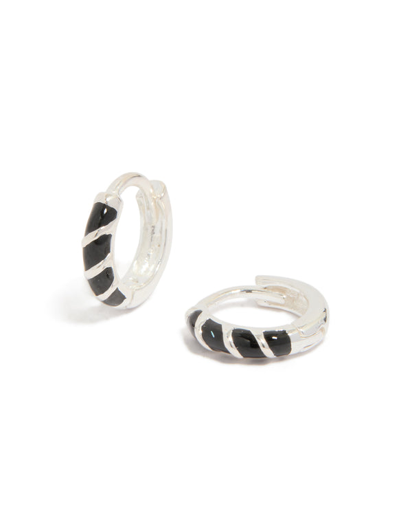 Sterling Silver Black Striped Enamel Huggie Earrings