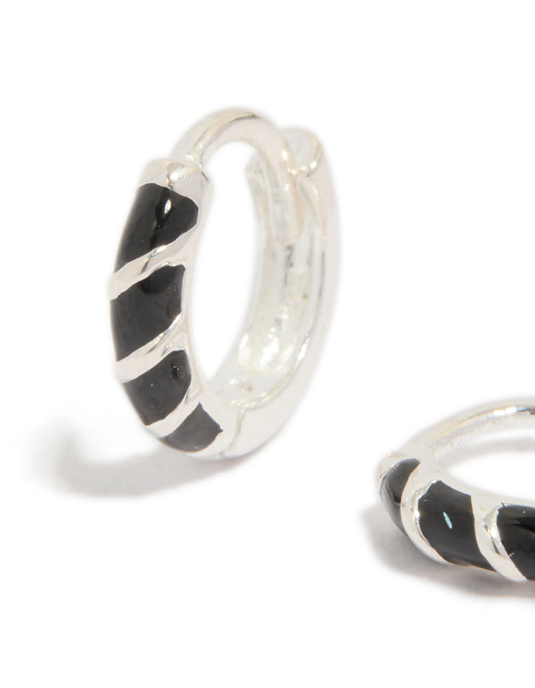 Sterling Silver Black Striped Enamel Huggie Earrings