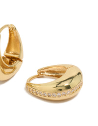 Showcase teardrop huggie earrings with gold plated brass and cubic zirconia post detail view - link has visual effect only