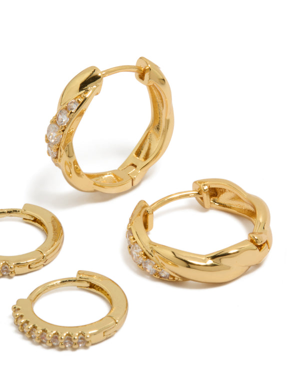 Crafted from gold plated brass woven and fine cubic zirconia huggie earrings in a 2-pack with crystal and hoop closure post detail view