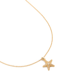 Showcasing a gold plated brass pavé cubic zirconia starfish pendant necklace with ocean inspired design close up view - link has visual effect only