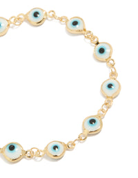 Crafted from gold plated brass, this evil eye chain bracelet with statement style close up view - link has visual effect only