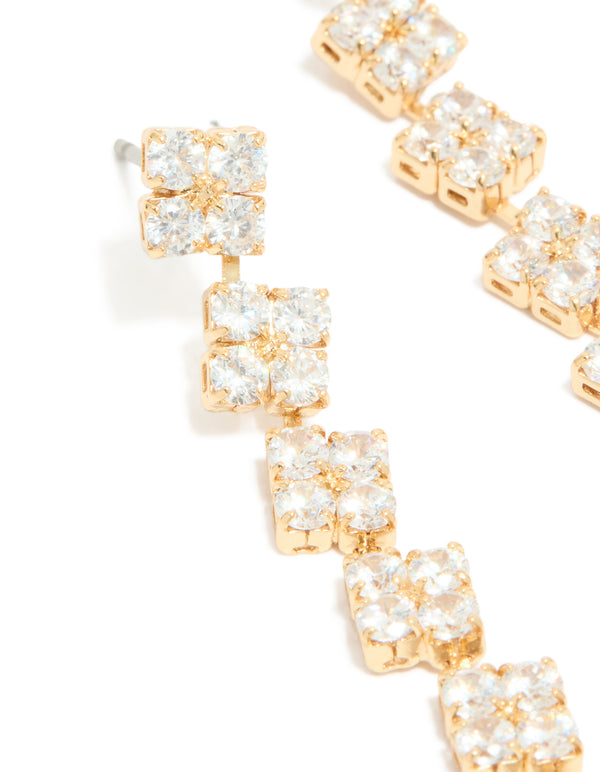 Gold Plated Cubic Zirconia Multi Flower Drop Earrings
