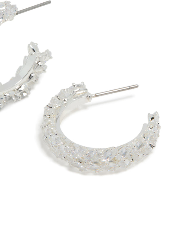 Silver Plated Cubic Zirconia Medium Leaf Hoop Earrings