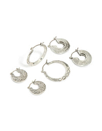 Showcasing antique silver textured edged hoop earrings in a 3-pack with a front view - link has visual effect only