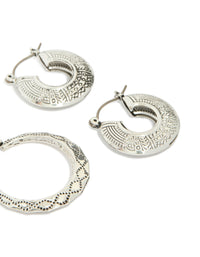 Antique silver textured edged hoop earrings in a 3-pack displaying ornate patterns with a post detail view - link has visual effect only