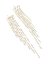 Elegant silver diamante waterfall drop earrings with tassel strands front view - link has visual effect only