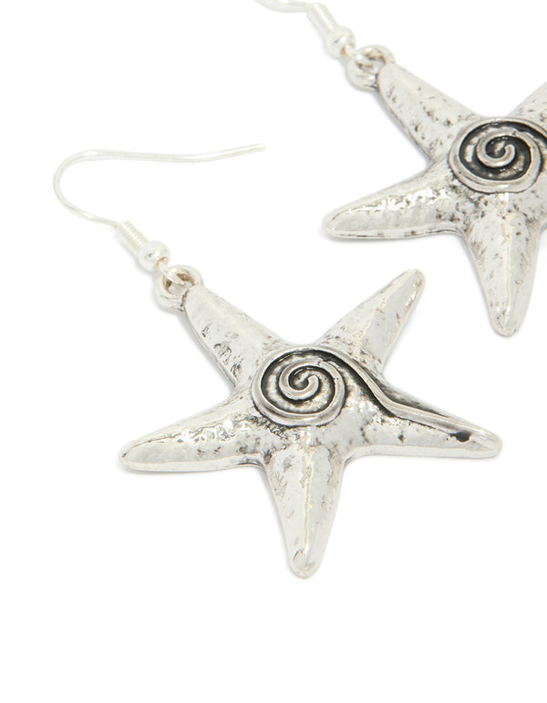 Antique Silver Swirl Starfish Hook Earrings