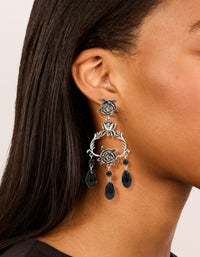 Silver Rose & Black Stones Drop Earrings - link has visual effect only