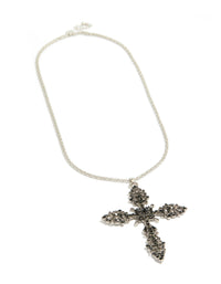 Presenting a silver necklace with black diamante cross pendant front view - link has visual effect only
