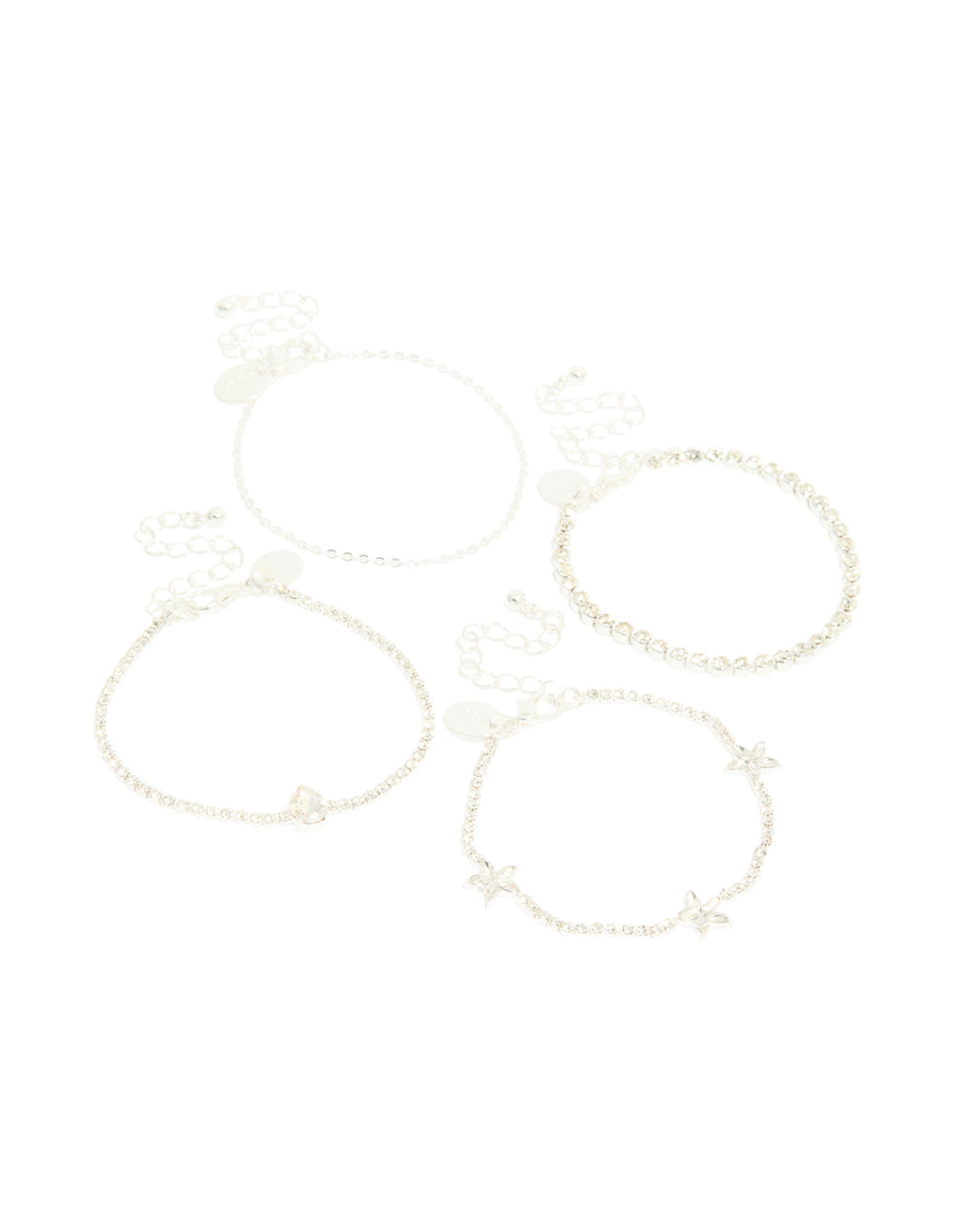 Showcasing a silver diamante flower and chain bracelets 4-pack with floral accents in a statement style front view