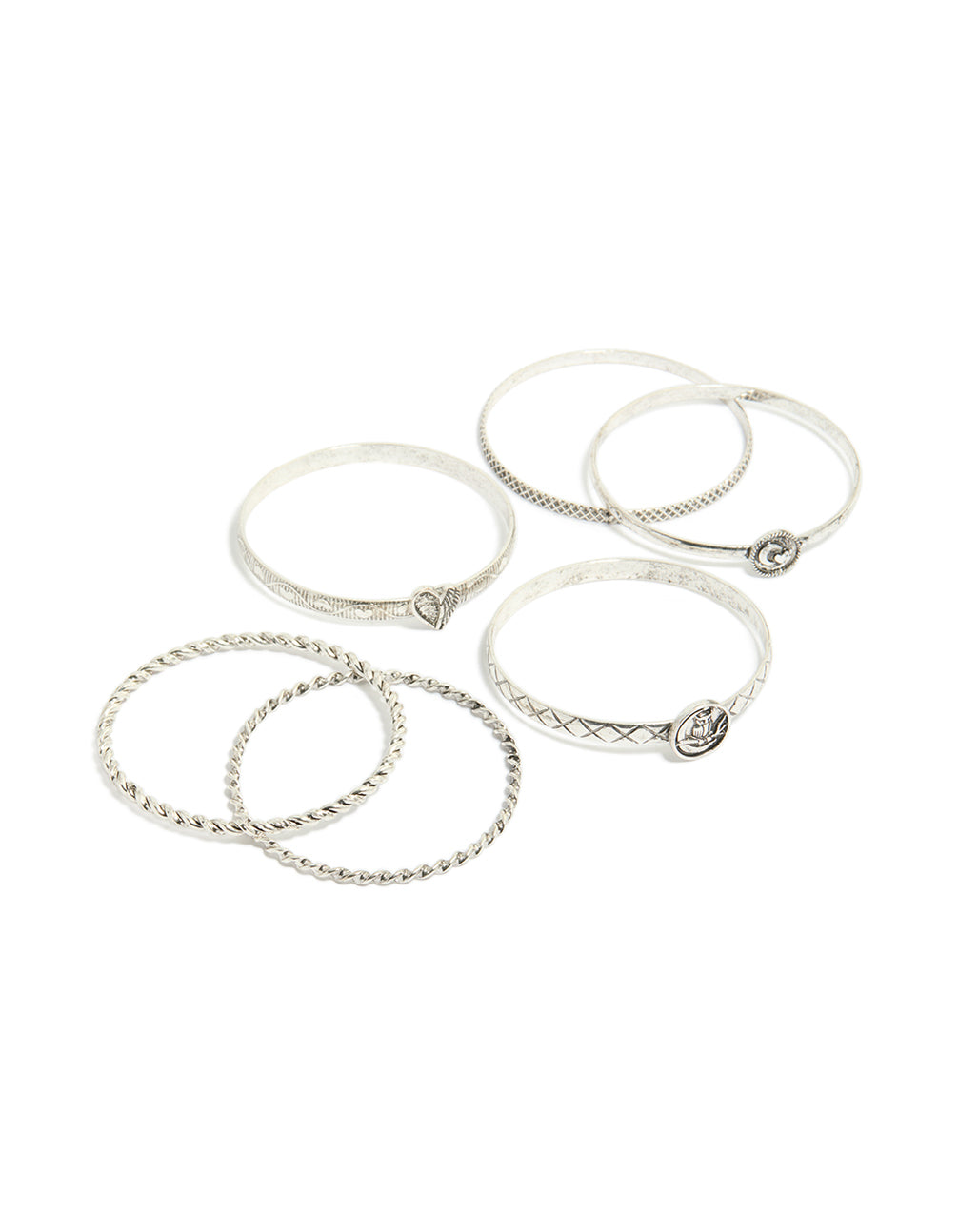 Discover this silver textured and plain bangles 6-pack featuring bird, celestial and heart detail in front view