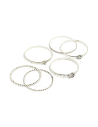 Discover this silver textured and plain bangles 6-pack featuring bird, celestial and heart detail in front view - link has visual effect only