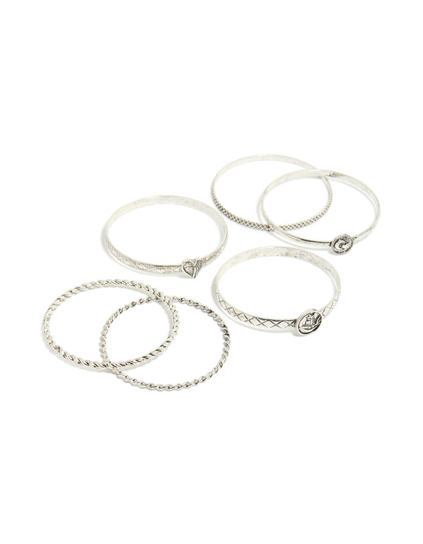 Discover this silver textured and plain bangles 6-pack featuring bird, celestial and heart detail in front view