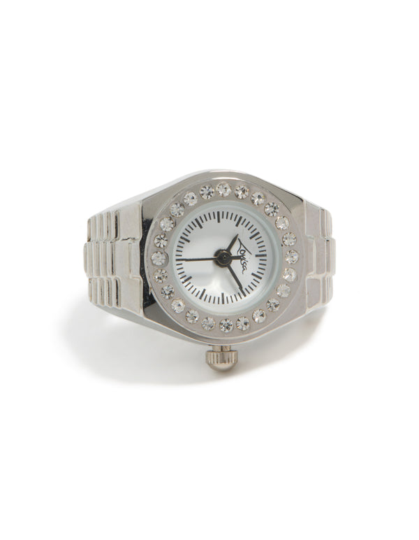 Stylish silver diamante face watch ring made from stainless steel with white and statement design front view