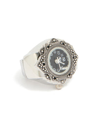 Showcasing a statement watch ring with black dial, round shape designed for women in casual analog style, crafted from stainless steel with link band in silver front view - link has visual effect only