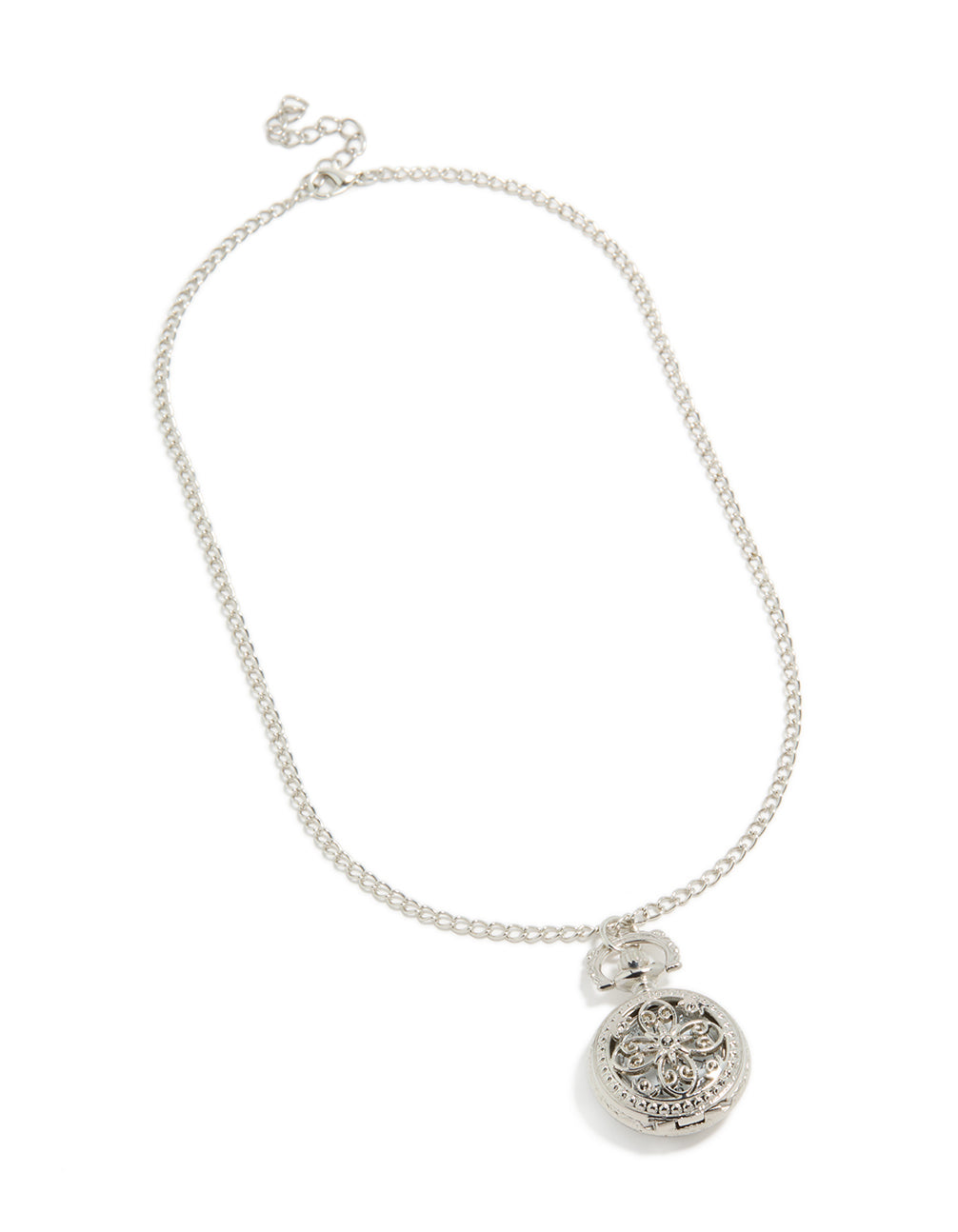 Featuring a silver long watch pendant necklace with floral locket details, and stainless steel in a statement style front view