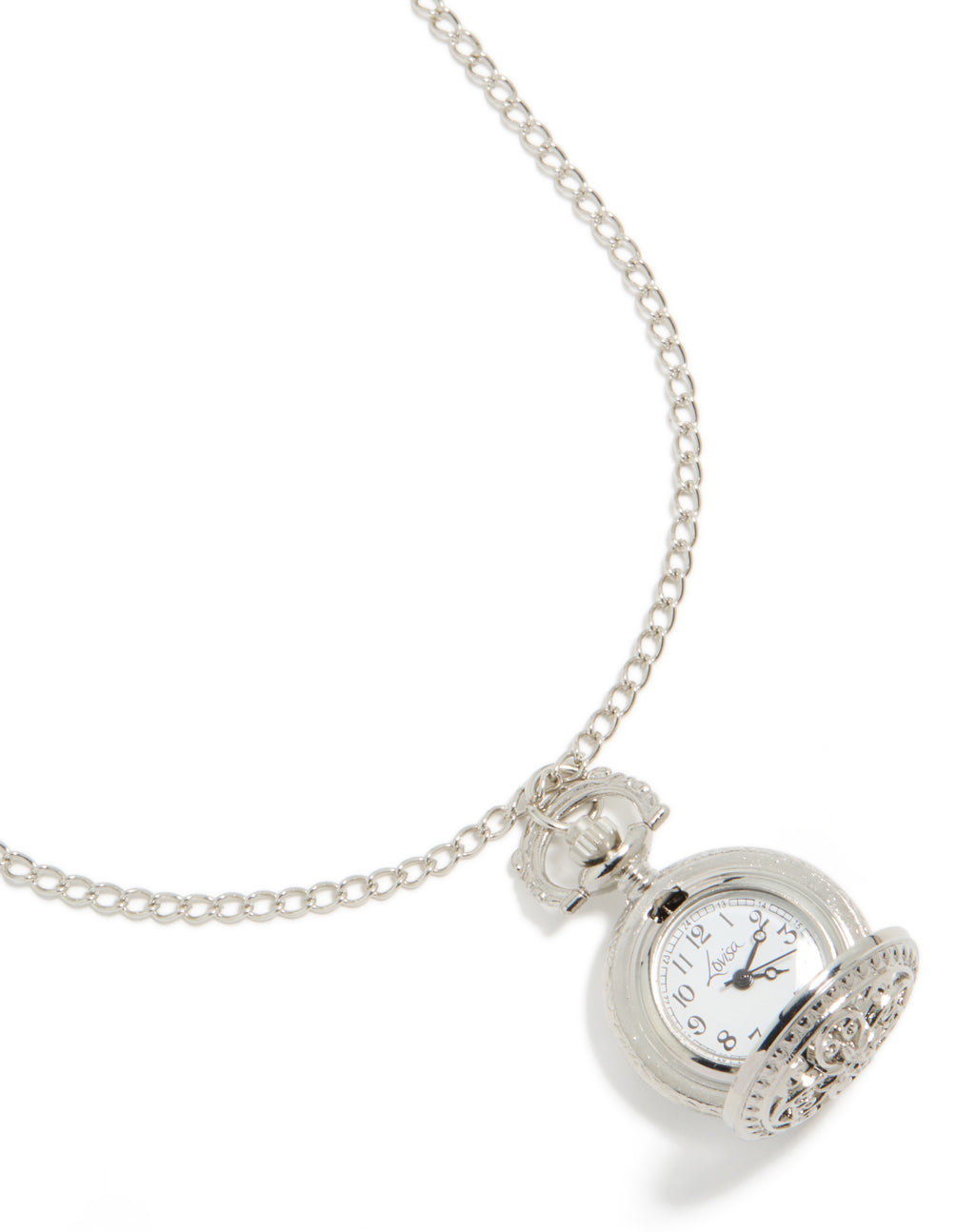 Crafted in silver, this long watch pendant necklace features floral locket details and stainless steel in a statement style close up view